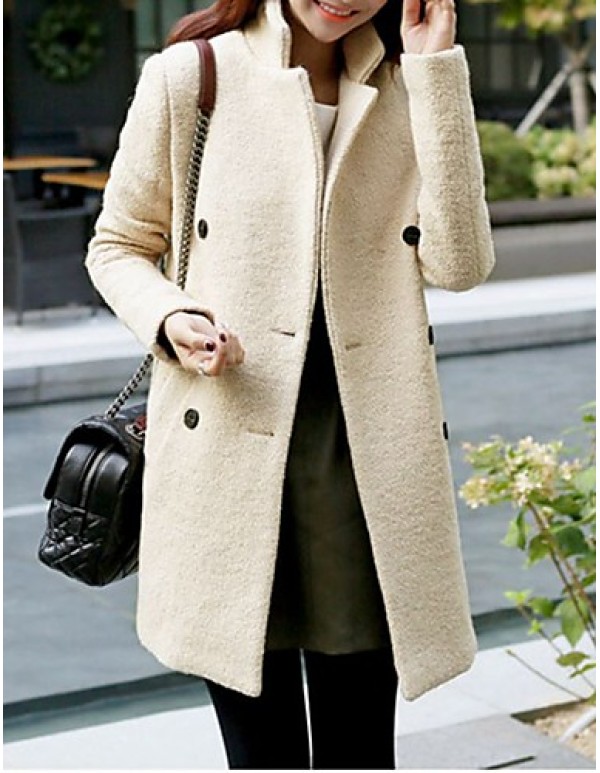 Women's Casual/Daily Simple Coat,Solid Notch Lapel Long Sleeve Fall Beige Wool Medium