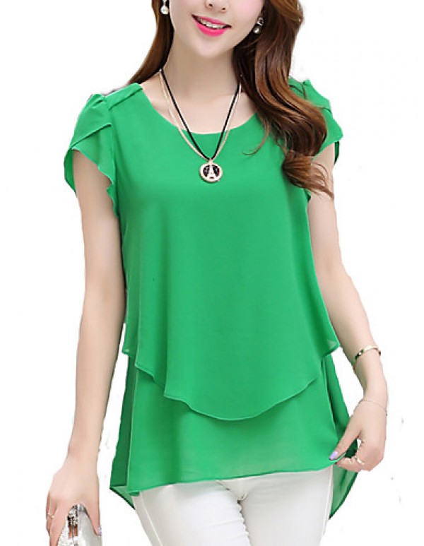 Women's Solid Blue / Pink / Black / Green Blouse,Round Neck Short Sleeve