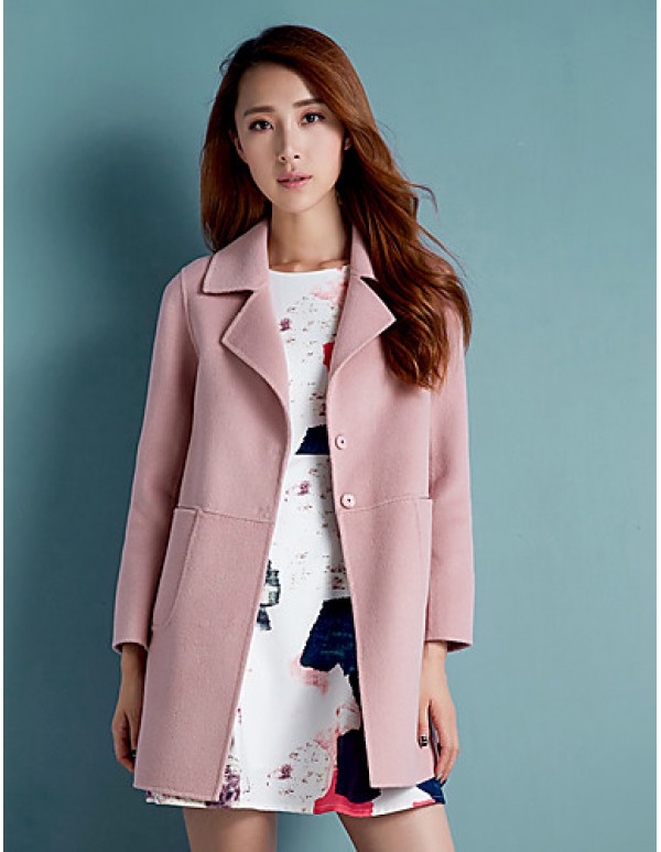 Women's Casual/Daily Simple Coat,Solid Notch Lapel Long Sleeve Winter Blue / Pink / Red Polyester Medium