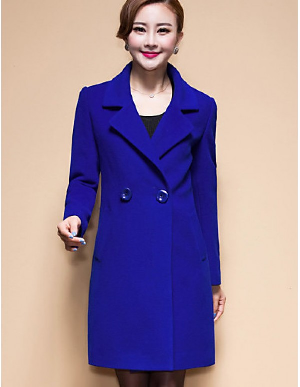 Women's Coat,Solid / Patchwork Peaked Lapel Long Sleeve Winter Blue / Black / Yellow Wool / Others Thick