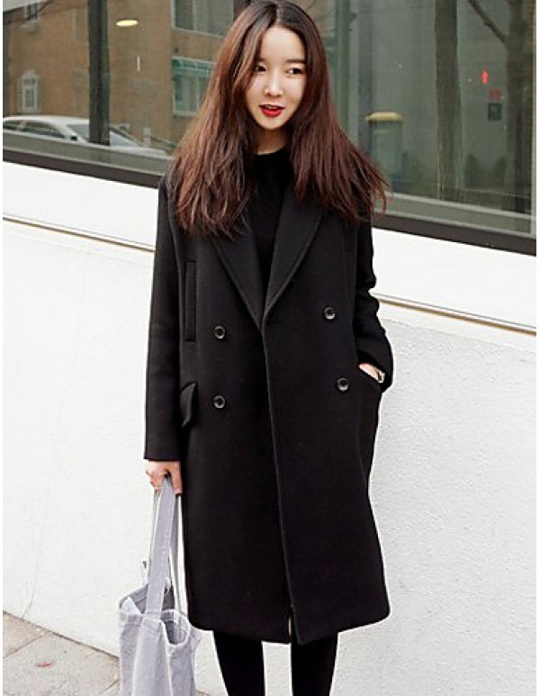 Women's Casual/Daily Simple Coat,Solid Notch Lapel Long Sleeve Winter Black Polyester Medium