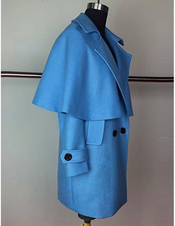 Women's Going out Cute Cloak/Capes,Solid Shirt Collar Long Sleeve Winter Blue / Orange Wool Thick