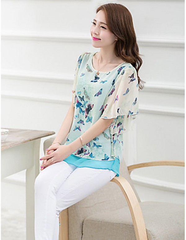 Women's Going out Simple / Street chic Blouse,Floral Round Neck Short Sleeve Blue / Pink Polyester Thin