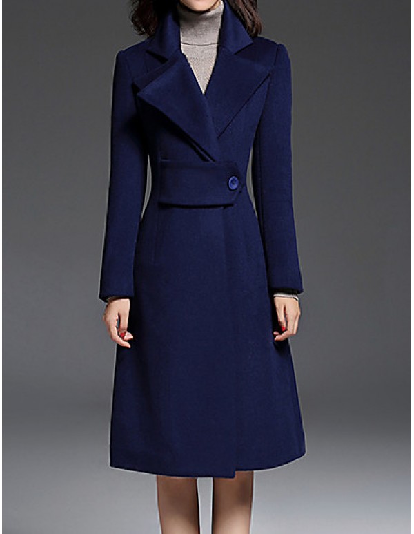 Women's Going out CoatSolid Notch Lapel Long Sleeve Fall / Winter Blue Wool / Polyester Thick