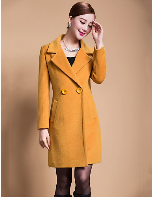 Women's Solid Blue / Black / Yellow Casual Loose Long Woolen Overcoat , Work / Plus Sizes Long Sleeve Wool