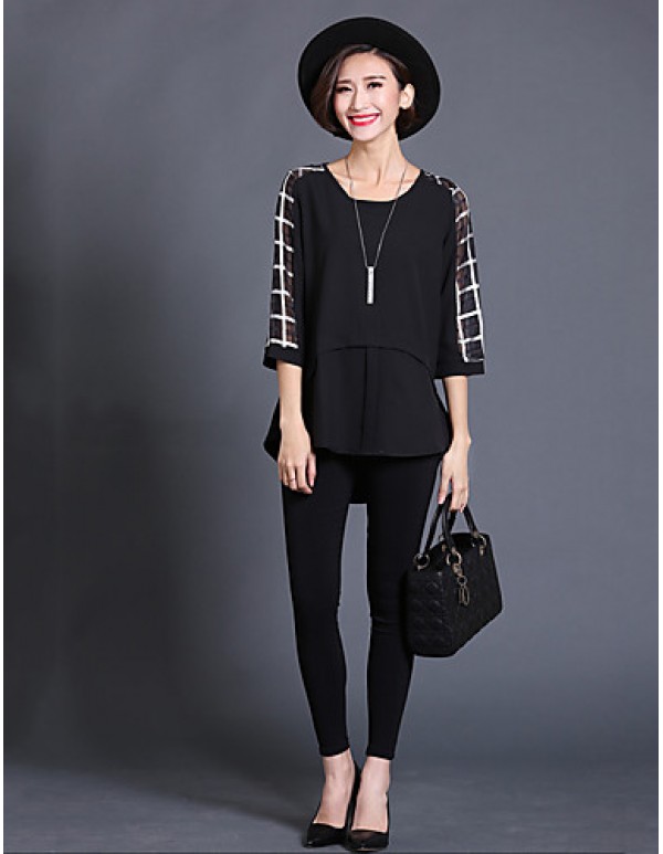 Women's Casual/Daily Plus Size / Street chic Summer Blouse,Check Round Neck ? Sleeve Black Silk / Polyester Thin