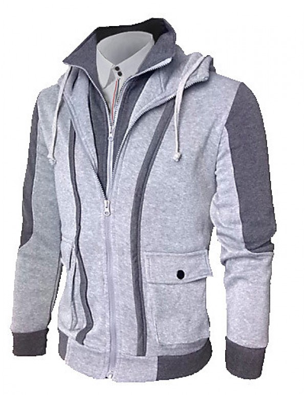 Men's Striped / Solid Casual / Formal / Sport / Plus Size Hoodie,Cotton Blend Long Sleeve Black / Gray  