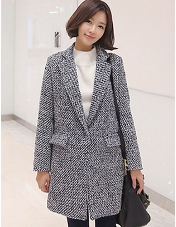 Women's Casual/Daily Simple Coat,Color Block Shirt Collar Long Sleeve Winter Gray Wool Thick