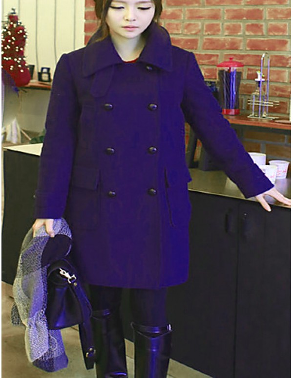 Women's Casual/Daily Simple Coat,Solid Notch Lapel Long Sleeve Winter Blue Polyester Medium