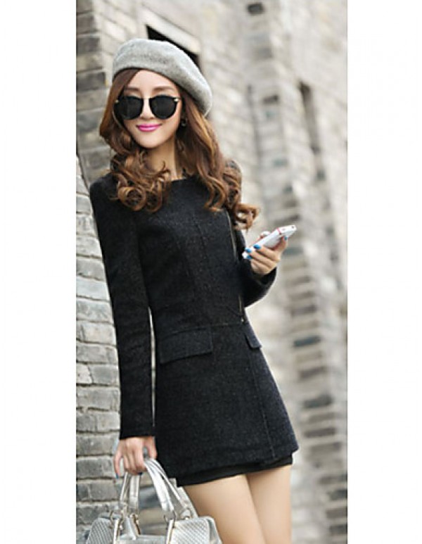 Women's Sexy Coat,Solid V Neck Long Sleeve Fall Black / Gray Wool / Cotton / Others Thick