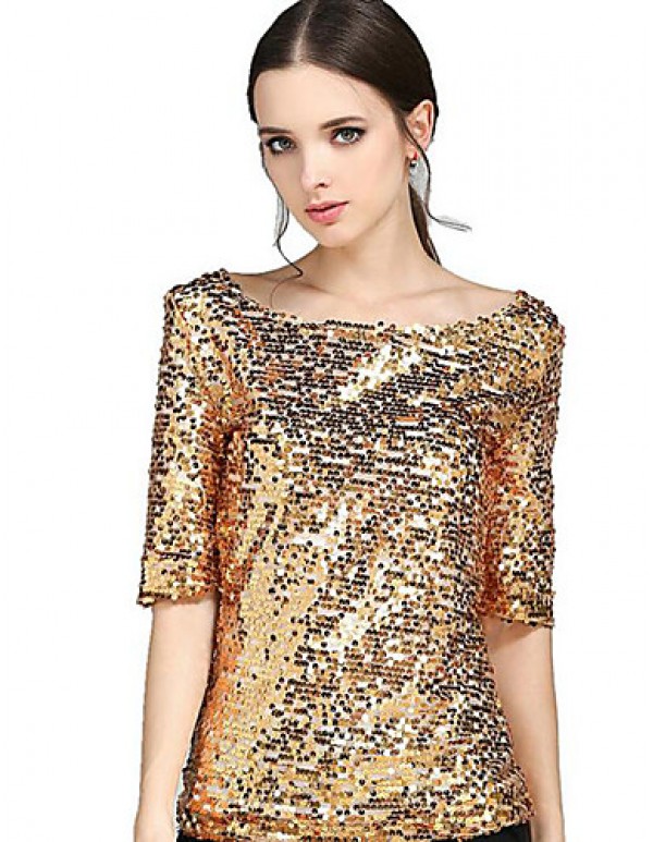 Women's Solid Gold Sequins Club Casual Street chic Plus Size All Match T-shirt,Round Neck ? Length Sleeve