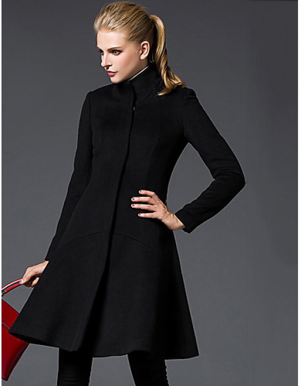 Women's Going out Sophisticated Coat,Solid Stand Long Sleeve Winter Red / Black Wool Medium