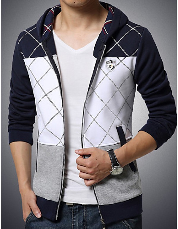 Men's Fashion Plaid Patchwork Hooded Cardigan Sweatshirt  