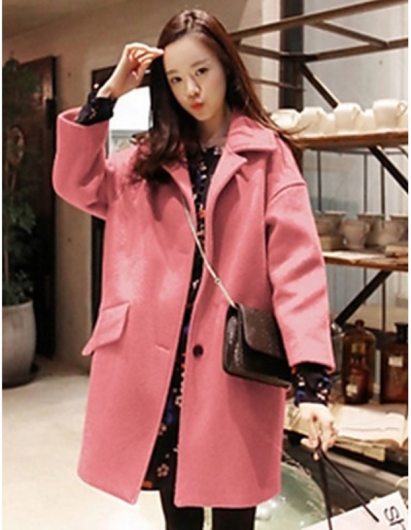 Women's Casual/Daily Simple Coat,Solid Shirt Collar Long Sleeve Winter Blue / Pink / Yellow Wool Thick