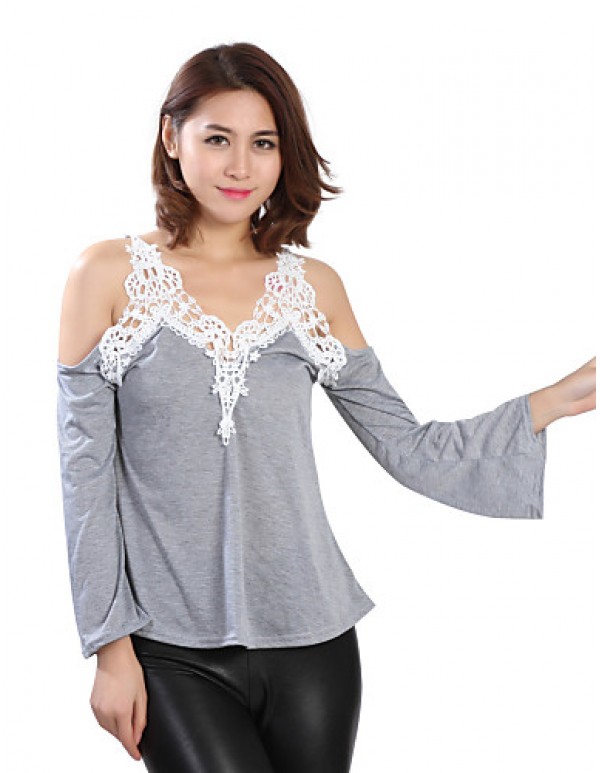 Women's Patchwork Lace Strap Off-The-Shoulder All Match Loose Casual V Neck Long Sleeve Plus Size T-shirt