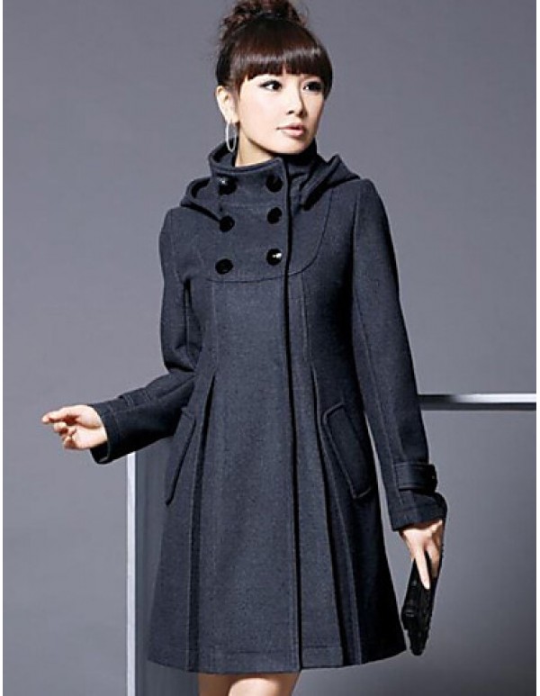 Women's Coat,Solid Long Sleeve Winter Blue / Pink / Black / Gray Wool / Cotton / Others Thick