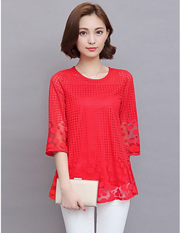 Women's Casual/Daily Simple / Boho Summer Blouse,Solid Round Neck Long Sleeve Pink / Red / White / Black / Gray Rayon / Polyester Sheer