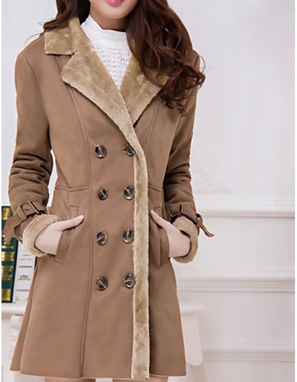 Women's Plus Size Simple Fur Coat,Solid Shirt Collar Long Sleeve Winter Brown Wool Thick