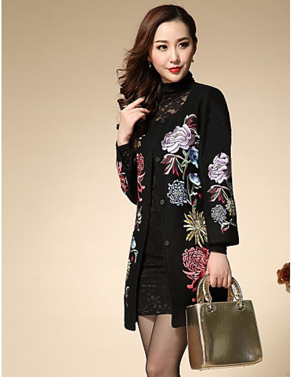 Boutique SWomen's Plus Size / Going out Chinoiserie Coat,Solid / Embroidered Round Neck Long Sleeve