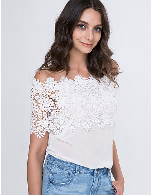Women's Lace Cutout Off Shoulder Patchwork T-shirt