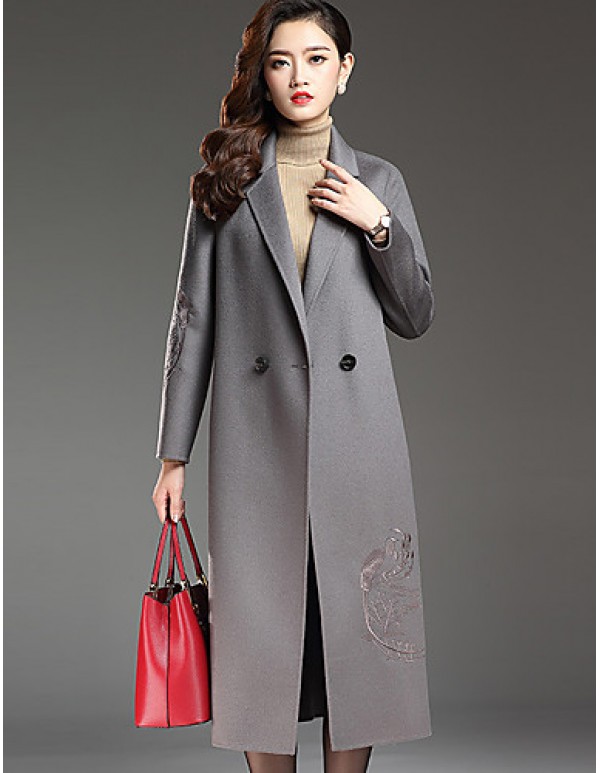 Women's Plus Size Street chic CoatPrint Notch Lapel Long Sleeve Fall / Winter Red / Black / Gray Wool / Polyester Thick