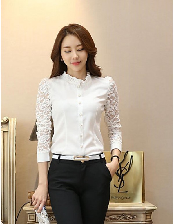  Women's Solid White Shirt,Shirt Collar Long Sleeve