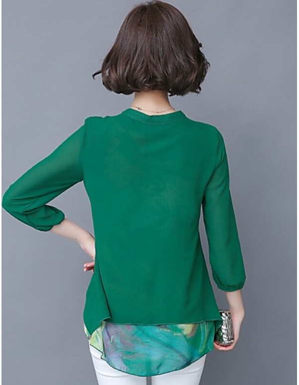 Women's Print Blue / Green / Orange Blouse,V Neck ? Sleeve