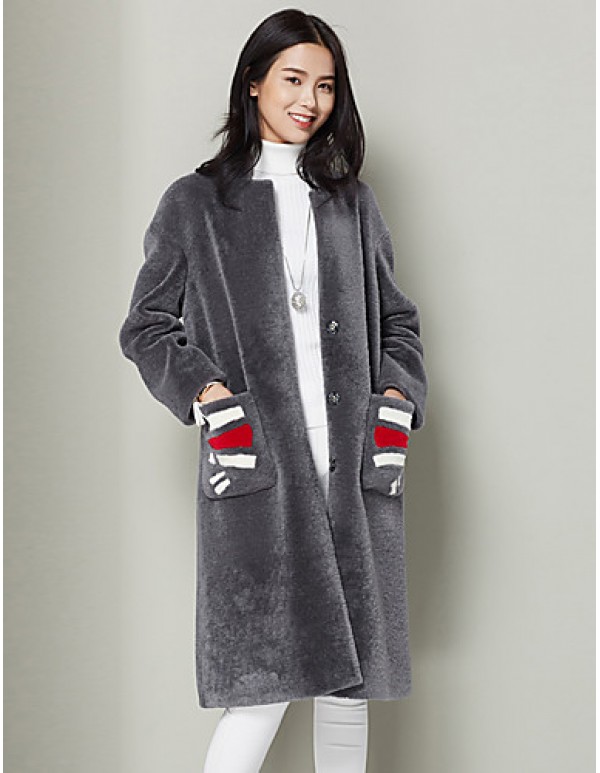 Women's Casual/Daily Simple Fur CoatSolid Asymmetrical Long Sleeve Fall / Winter Gray Wool Thick