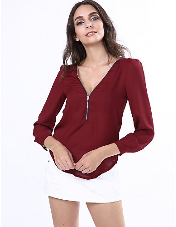 Women‘s V Neck Long Sleeve Zipper Blouse(More Colors)
