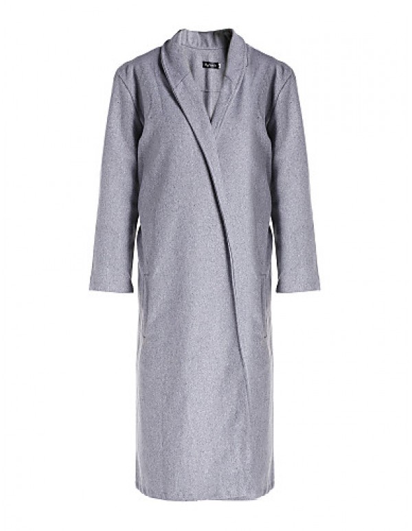 Women's Coat,Solid Shirt Collar Long Sleeve Winter Gray Wool Opaque