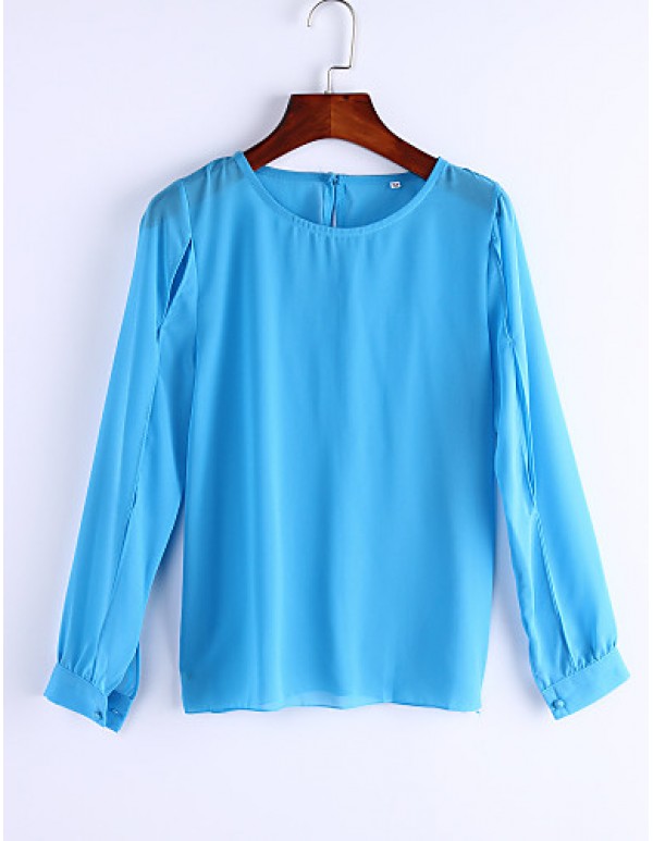 Sexy All Seasons Blouse,Solid Round Neck Long Sleeve Blue / Pink Polyester Thin