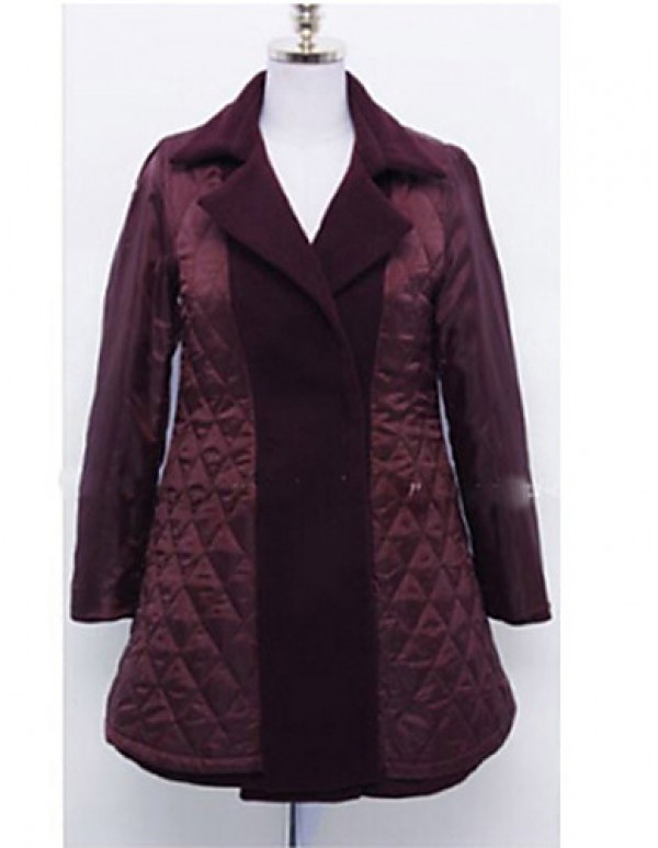 Women's Solid Red / Black Coat , Casual / Plus Sizes Long Sleeve Tweed