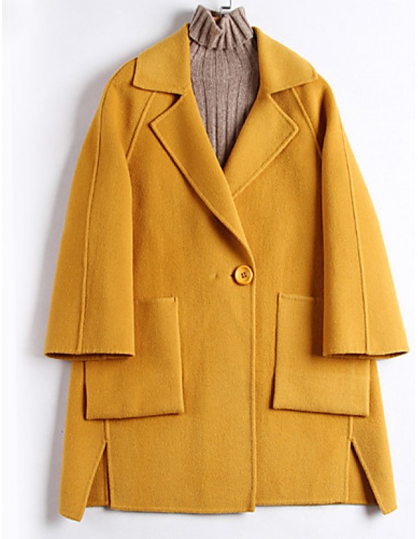Women's Going out Street chic CoatSolid Notch Lapel Long Sleeve Fall / Winter Blue / Yellow Wool / Polyester Thick