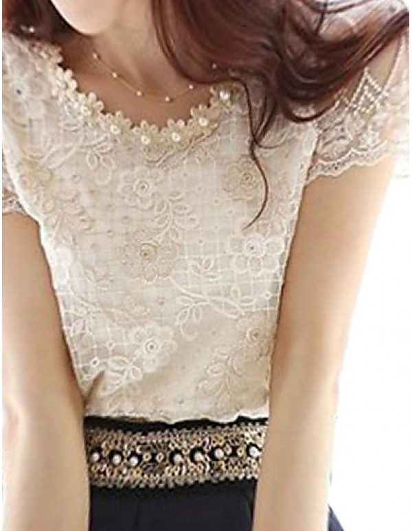 Women's Cute Beaded Neck Embroidered Lace and Mesh Top