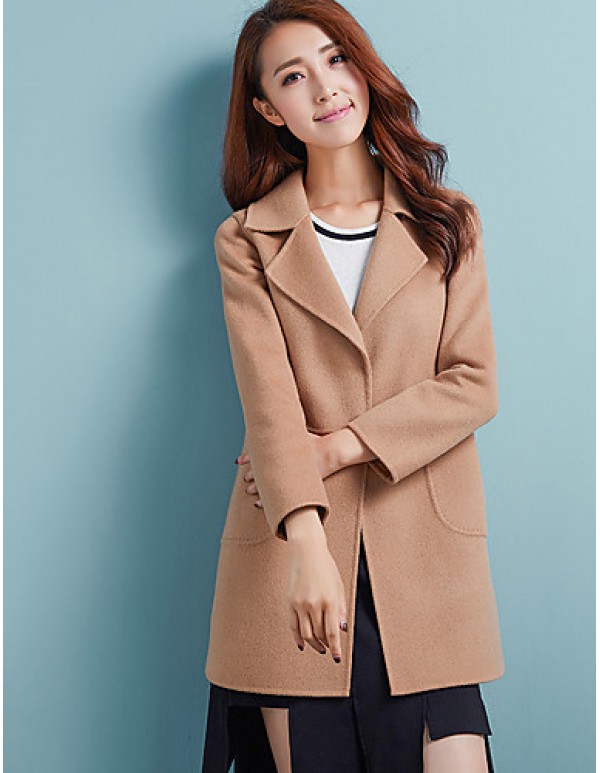 Women's Casual/Daily Simple Coat,Solid Notch Lapel Long Sleeve Winter Blue / Pink / Red Polyester Medium