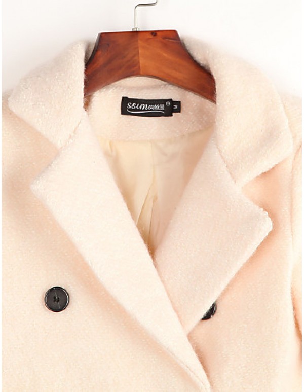 Women's Casual/Daily Simple Coat,Solid Notch Lapel Long Sleeve Fall Beige Wool Medium