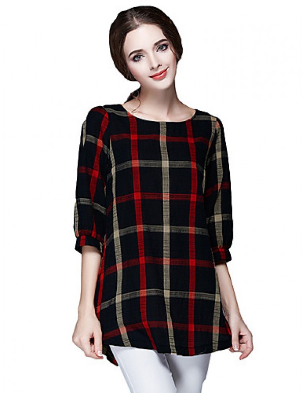 Women Ladies Blouse Plaid Print O Neck 3/4 Sleeve Plus Size Casual Loose Vintage Shirt Tops