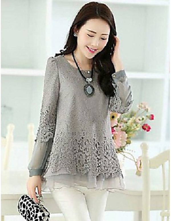 Women's Patchwork Black/Beige/Gray Blouse,Casual Round Neck Long Sleeve Hollow Out