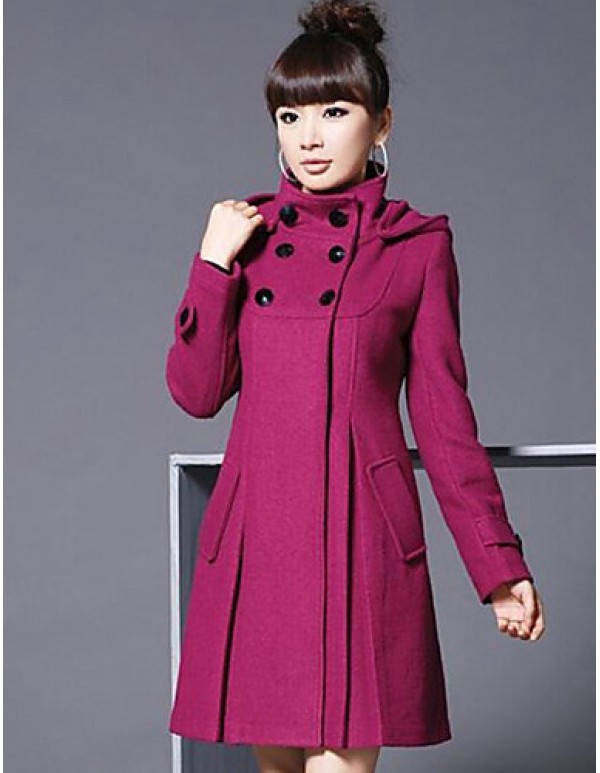 Women's Plus Size Street chic Coat,Solid Hooded Long Sleeve Winter Red / Black / Gray / Green Polyester Thick