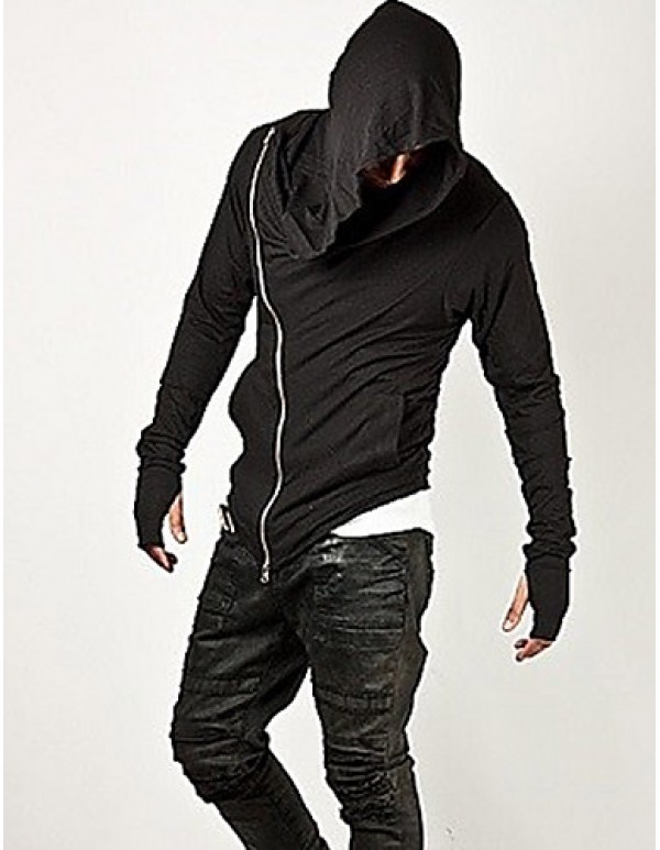 Men's Solid Casual / Sport Hoodie & Sweatshirt,Cotton / Polyester Long Sleeve Black / Gray  