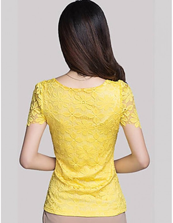 Summer Plus Size Women Solid Color Round Neck Short Sleeve Lace Blouse Slim Was Thin T-shirt Tops