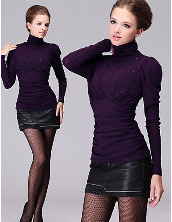 Women's Plus Size / Sexy Spring Blouse,Solid Turtleneck Long Sleeve Black / Green / Purple Cotton / Rayon Medium