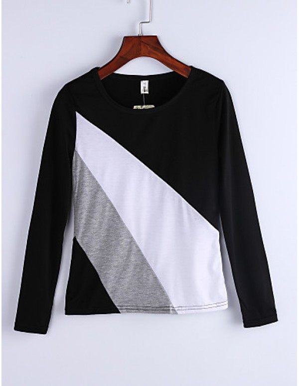 Women's Casual Round Collar Long Sleeve Spliced Color Block T-shirt
