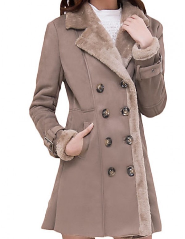 Women's Plus Size Simple Fur Coat,Solid Shirt Collar Long Sleeve Winter Brown Wool Thick