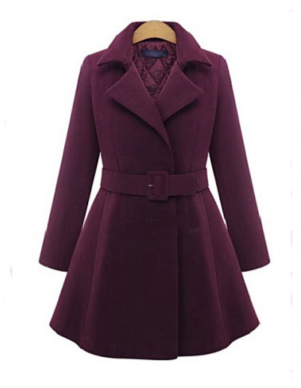 Women's Solid Red / Black Coat , Casual / Plus Sizes Long Sleeve Tweed