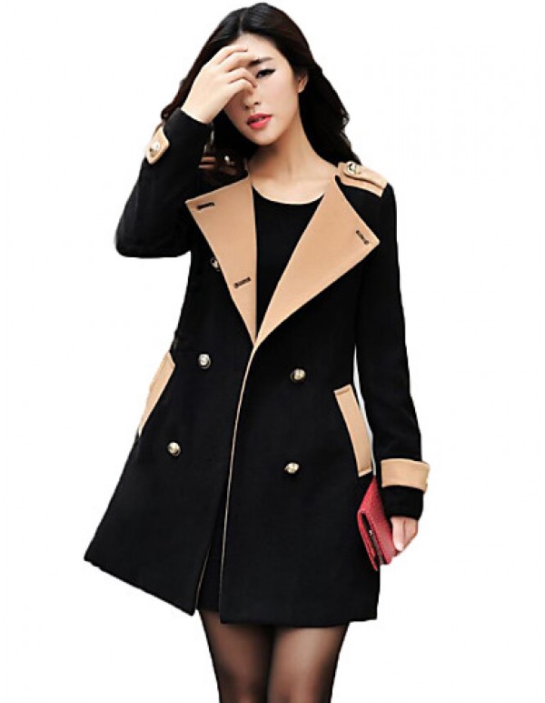 Women's Going out Street chic Coat,Color Block Round Neck Long Sleeve Winter Black / Brown Polyester Thick