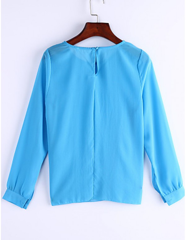 Sexy All Seasons Blouse,Solid Round Neck Long Sleeve Blue / Pink Polyester Thin