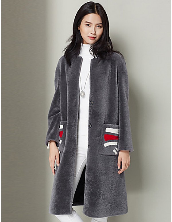 Women's Casual/Daily Simple Fur CoatSolid Asymmetrical Long Sleeve Fall / Winter Gray Wool Thick