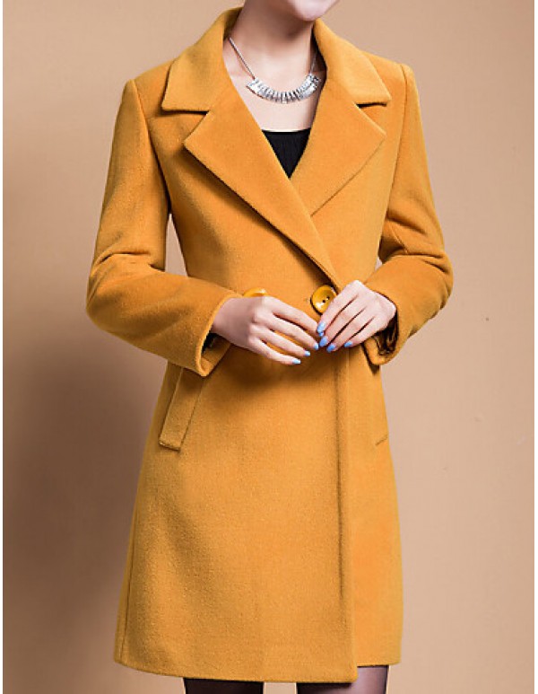 Women's Plus Size Coat,Solid Shirt Collar Long Sleeve Winter Blue / Black / Yellow Wool / Others Thick