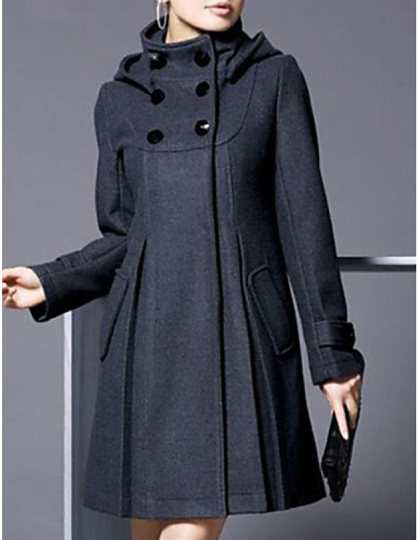 Women's Coat,Solid Long Sleeve Winter Blue / Pink / Black / Gray Wool / Cotton / Others Thick
